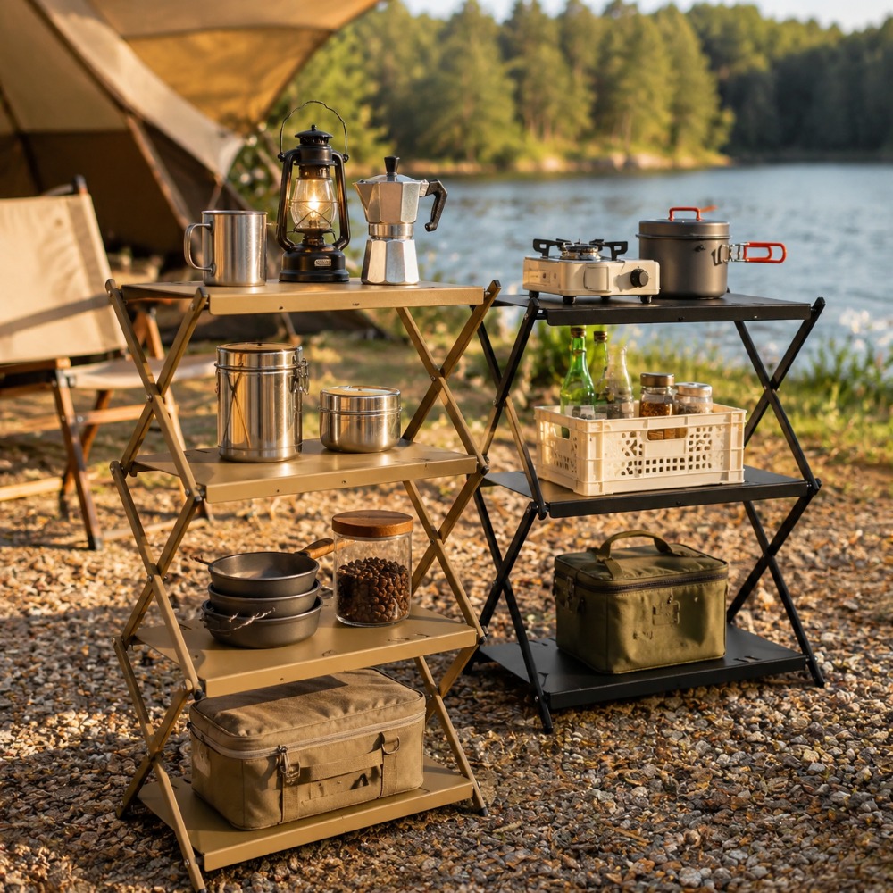 Outdoor Camping Table With Storage - 4 Tier Folding Storage Rack Outdoor